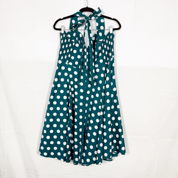 Hell Bunny Vixen Mariam Halter Swing Fit & Flare 50’s Retro Midi Dress Teal Dot - Picture 6 of 16